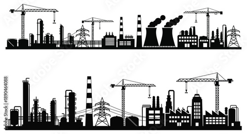 An industrial cityscape featuring factories power plants and cranes depicted in a striking black silhouette high quality professional detailed modern elegant