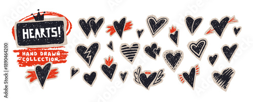 Love symbols with crayon hearts, angel wings and crown. Doodles elements for romantic designs, graffiti art, Valentine Day cards with chalk texture. Stickers set with hearts, vector illustration