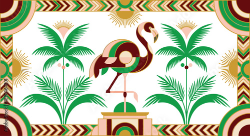 Abstract geometric art deco pink flamingo standing on pedestal between green palm trees with sun motifs and decorative ornamental zigzag border frame for summer.