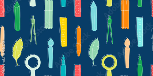 Seamless pattern with school and office stationery. Education concept background with study supplies, pencils, pen, ruler, paints and brush, vector cartoon illustration