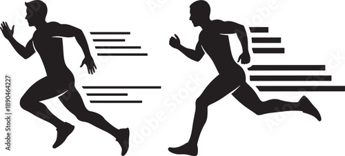 Two dynamic black silhouettes of male runners in motion, with speed lines indicating fast movement. Athleticism and competition concept.