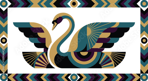 Abstract geometric art deco swan bird swimming in water with decorative ornamental wings and zigzag border frame for elegant luxury retro vintage style nature art.
