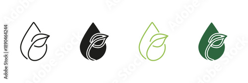 Leaf And Water Drop Line And Solid Icon Set. Eco-Friendly, Sustainability, And Natural Resource Conservation Outline And Silhouette Symbol. Environmental Protection. Isolated Vector Illustration