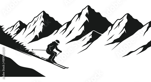 A lone skier descends a snowy mountain slope captured in a striking black and white silhouette high quality professional detailed modern
