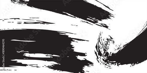 Abstract black paint brush texture on white background, expressive grunge style for creative design.