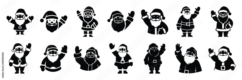 Fototapeta premium christmas santa waving icon set silhouette on black colour and white background. Holiday silhouette vector icons.
