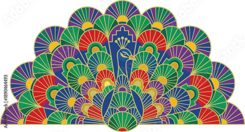 Colorful art deco peacock design with geometric fan tail feathers and vibrant gold patterns featuring elegant bird symbol for luxury animal logo and retro style art.