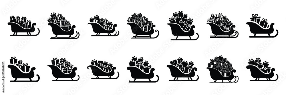 Ταπετσαρία christmas  sleigh with gifts icon set silhouette on black colour and white background