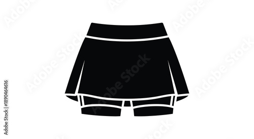 A minimalist depiction of a skirt and shorts combination presented as a stark black shape against a white background silhouette