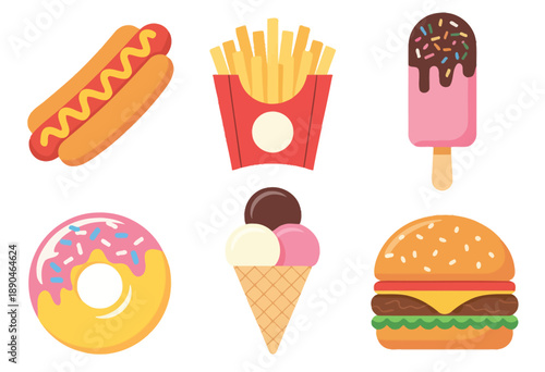 Assortment of popular fast food and dessert a white background hotdog french