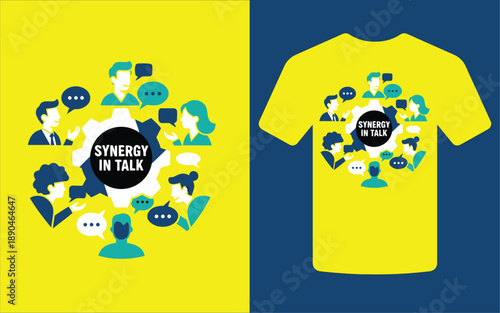 A vibrant mockup featuring a yellow t shirt design with a synergy focused people graphic