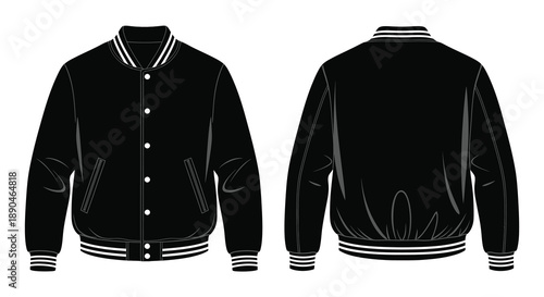 A black varsity jacket is displayed from both front and back views showcasing its classic design silhouette high quality professional detailed