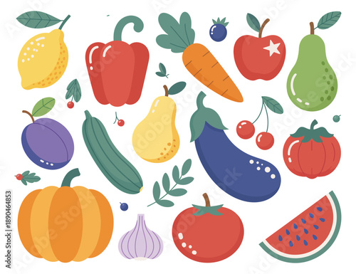 Collection of colorful cartoon fruits and vegetables a white background food healthy