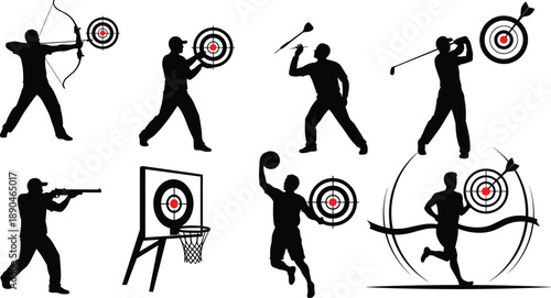 Sports silhouette with target icons, precision and focus, athletic motion, goal achievement, competitive energy, dynamic sports illustration