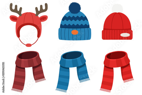 Collection of winter hats and scarves in red and blue with reindeer antlers hat scarf