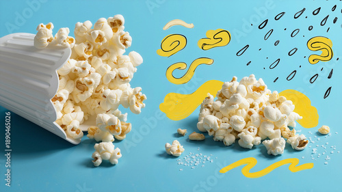 pop-art graphic composition featuring realistic 3D popcorn cluster on pastel blue background with bold yellow butter swirls and salt doodles