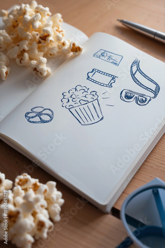 Wallpaper Mural a movie reviewer's desk featuring photorealistic 3D popcorn and an open notebook with blue ink cinema doodles Torontodigital.ca