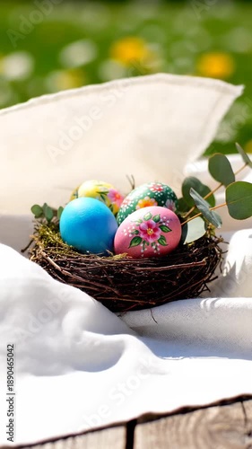 Colorful Easter eggs rest in a nest on wooden surface. Bright flowers fill background with greenery. Concept of holidays, spring celebrations, Easter decorations