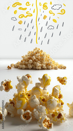 popcorn mound with yellow marker butter swirls and black salt doodles raining down, clean white background
