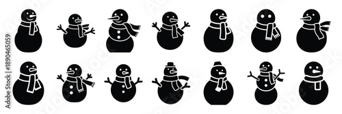christmas  snowman with scarf icon set silhouette on black colour and white background. Holiday silhouette vector icons.