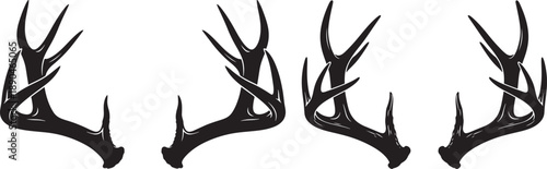 Four sets of black deer antlers arranged horizontally on a white background. Wildlife and hunting symbol.