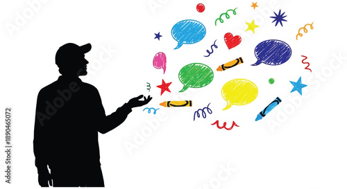 A man gestures towards colorful speech bubbles and doodles creating a vibrant and expressive scene a striking silhouette high quality