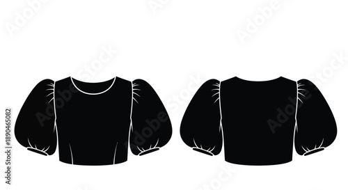Black blouse with puffed sleeves shown from front and back views fashion illustration