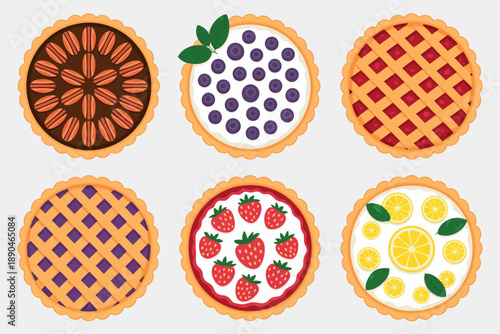 Different fruit and nut pies arranged in rows a light gray background berry blueberry