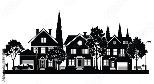 A row of detailed victorian houses and trees are depicted in a striking black silhouette high quality professional modern elegant stylish