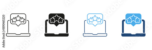 Laptop With Star Rating Line And Solid Icon Set. Online Reviews, Customer Feedback, And Quality Assessment Outline And Silhouette Symbol Collection. Digital Evaluation. Isolated Vector Illustration
