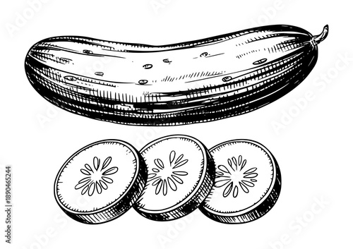 Hand drawn of a whole cucumber and sliced cucumber rounds a white background vegetable food
