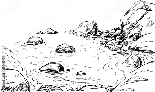 Rocky River Landscape Line Art Illustration