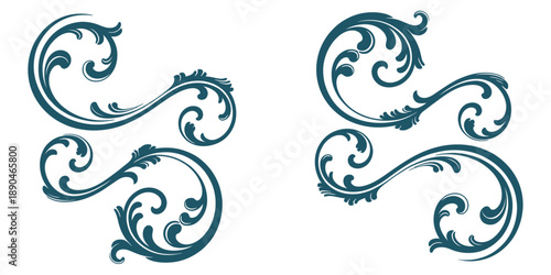 Teal baroque scrollwork flourishes and decorative white background