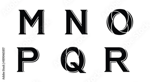 Bold capital letters m n o p q and r are displayed in a striking black silhouette high quality professional detailed