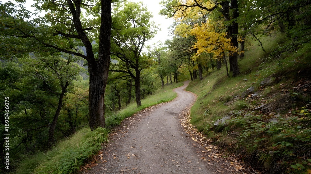 Fototapeta premium A winding dirt path meanders up an autumn hillside through a forest with colorful foliage