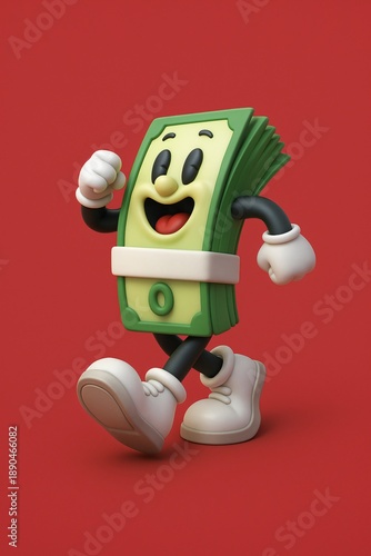 Cheerful 3D money character walking happily. Vibrant green cash bundle on a bold red background.