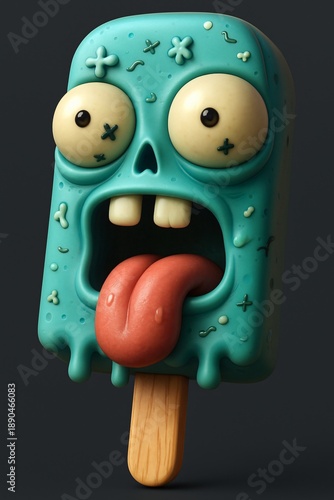 Funny 3D monster popsicle with a long tongue and big eyes. Creative turquoise character design.