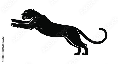 A striking black panther is depicted in a dynamic pose leaping forward with intense focus silhouette high quality professional detailed modern