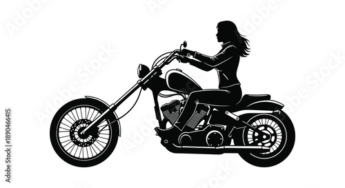 A striking black silhouette depicts a woman confidently riding a classic chopper motorcycle showcasing a sense of freedom silhouette high quality