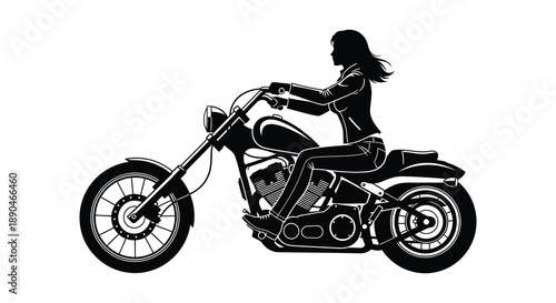 A dynamic illustration depicts a woman riding a classic chopper motorcycle in a striking black silhouette high quality professional detailed modern