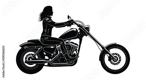 A striking black silhouette depicts a woman confidently riding a classic chopper motorcycle embodying freedom and rebellion silhouette high quality professional
