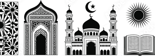 Islamic architecture silhouette set, mosque minaret crescent moon sun, Quran book, ornamental arabesque patterns, black vector icons isolated, religious symbols
