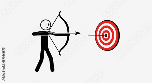 Stick figure archer aims bow and arrow at target bullseye.