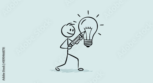 Stick Figure Artist Drawing a Bright Idea Light Bulb.