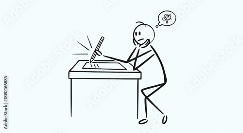 Stick figure artist drawing on a tablet with a thought bubble.