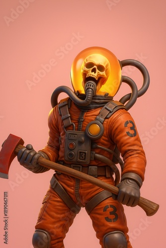 Skeleton astronaut in an orange suit holds an axe, mixing sci-fi danger and dark fantasy in bold 3D art.