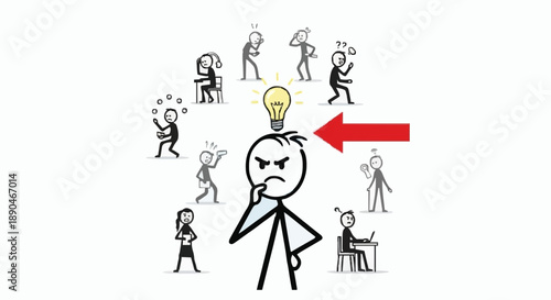 Stick Figure Character With Lightbulb Idea Symbol Above Head.
