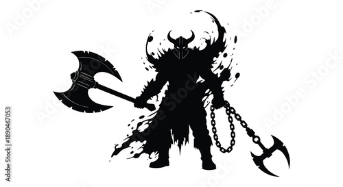 A fearsome warrior figure adorned with horns and wielding an axe presented as a striking black silhouette high quality professional detailed
