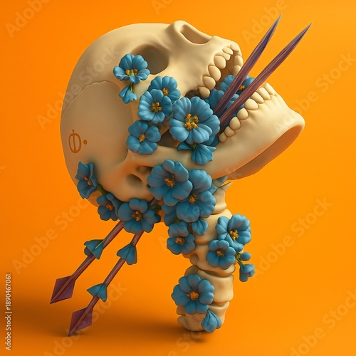 Decorative skull adorned with blue flowers and arrows, blending beauty and mortality in vibrant 3D art.