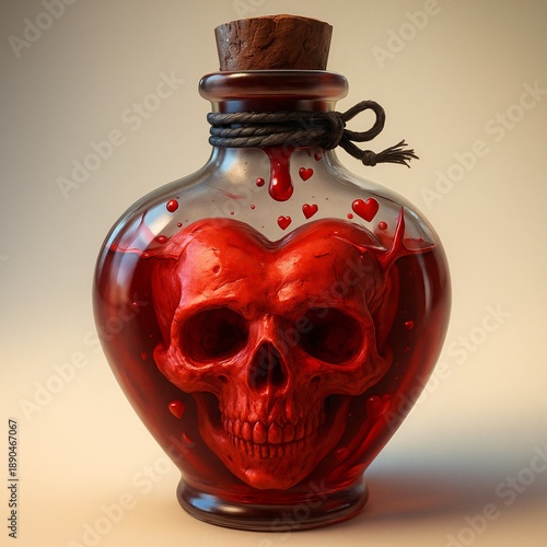 Glass bottle filled with red liquid forms a skull shape, blending dark fantasy, danger and mystic beauty.